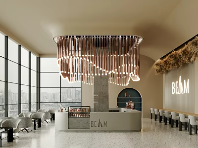 Modern Café Interior With Open Design Large Windows Chandelier Bar Counter And City View Seating 3d model
