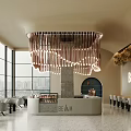 Modern Café Interior With Open Design Large Windows Chandelier Bar Counter And City View Seating