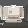 Elegant Modern Bedroom Interior With Striped Walls Pendant Light Area Rug And White Wardrobe
