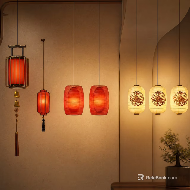 Traditional Chinese Hanging Lanterns With Red Yellow Shades And Decorative Patterns For Interior 3d model 