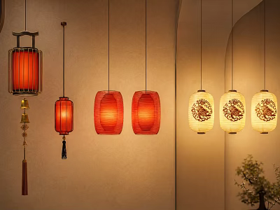 Traditional Chinese Hanging Lanterns With Red Yellow Shades And Decorative Patterns For Interior 3d model