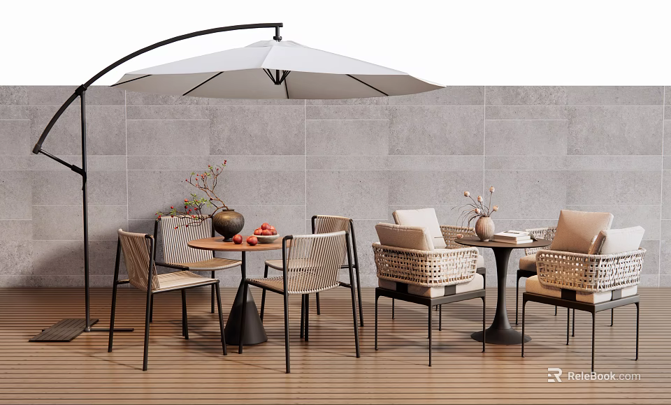 Outdoor Patio Table With Wicker Chairs White Arc Umbrella Gray Tile Wall And Wooden Floor 3d model 