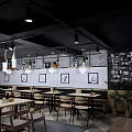 Modern Industrial Café Interior With Wooden Tables Hanging Lights And Brick Walls