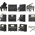Collection of Black Grand Upright Pianos and Electronic Keyboard Instruments