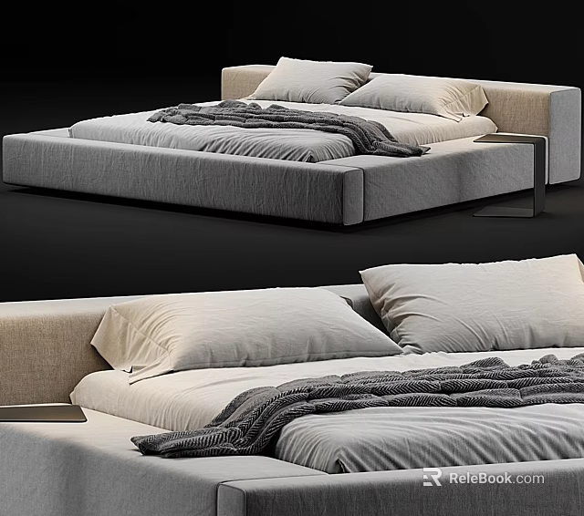 Modern Upholstered Double Bed With Light Beige Frame Soft Pillows And Gray Blanket 3d model 