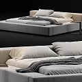 Modern Upholstered Double Bed With Light Beige Frame Soft Pillows And Gray Blanket