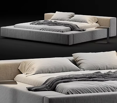 Modern Upholstered Double Bed With Light Beige Frame Soft Pillows And Gray Blanket 3d model