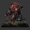 Game Movie Mechanical Character With Red Orange Glowing Lights Standing On Base With Grass Rocks