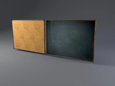 Musical Instruments And Art Supplies Display On Framed Corkboard And Chalkboard Panels 3d model