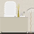 Elegant White Console Table With Arched Design Scalloped Mirror Yellow Vase And Floor Lamp