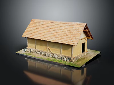 Wooden House With Brown Tile Roof Yellow Walls Stone Foundation And Green Grass 3d model