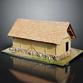 Wooden House With Brown Tile Roof Yellow Walls Stone Foundation And Green Grass