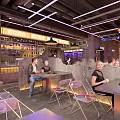 Modern Restaurant Interior Design With Warm Lighting Orange Stools And Customers At Bar Counter
