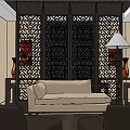 Hotel Guest Room Interior With Bed Nightstand Lamp TV And Chinese Style Screen