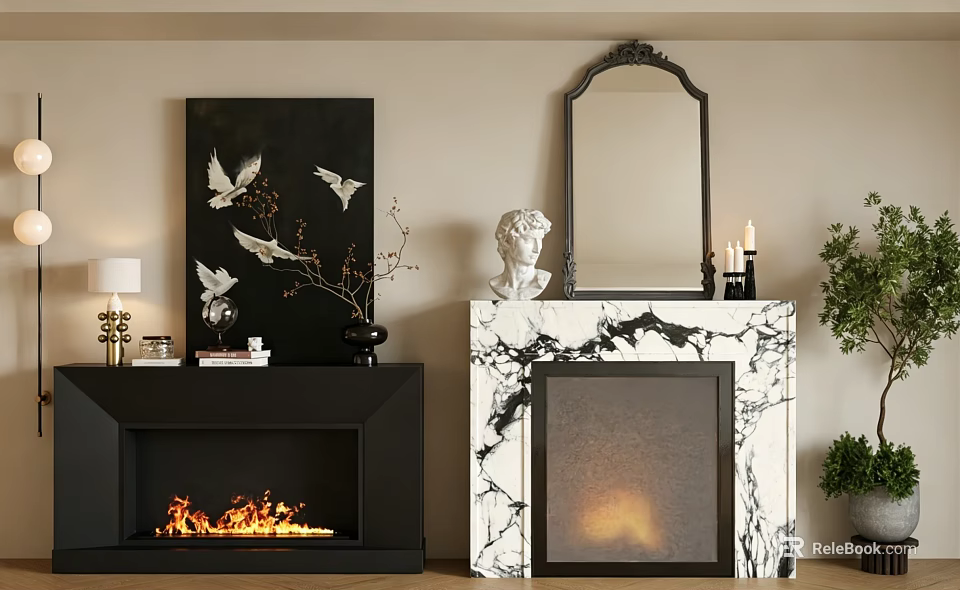 Black And Marble Fireplaces With Flames Mirror Statue And Bird Painting Decorations 3d model 