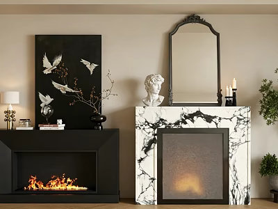 Black And Marble Fireplaces With Flames Mirror Statue And Bird Painting Decorations 3d model
