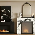 Black And Marble Fireplaces With Flames Mirror Statue And Bird Painting Decorations