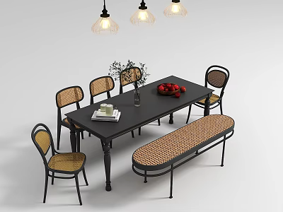 Stylish Black Dining Table Set with Rattan Chairs Bench Hanging Lights and Fruits 3d model