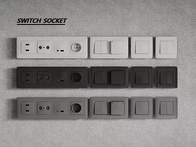Various Switch Sockets in White Black and Gray Colors Arranged Neatly on Gray Background 3d model