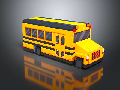 Yellow and Black Striped School Bus with Windows and Door on Reflective Surface 3d model