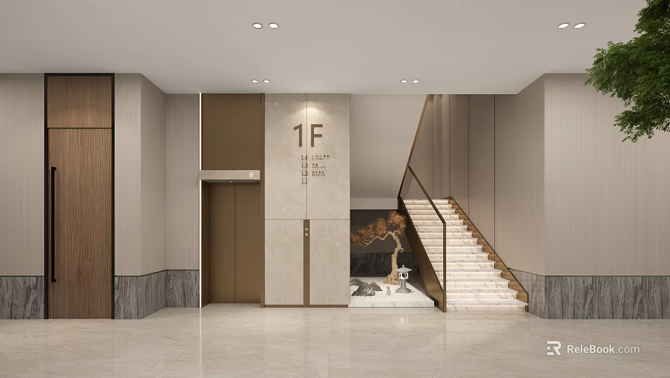 Modern Elevator Lobby In Neutral Tones With 1F Signage And Staircase 3d model