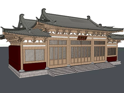 Ancient Chinese Architecture With Traditional Roof Overhanging Eaves Red Walls And Wooden Windows 3d model