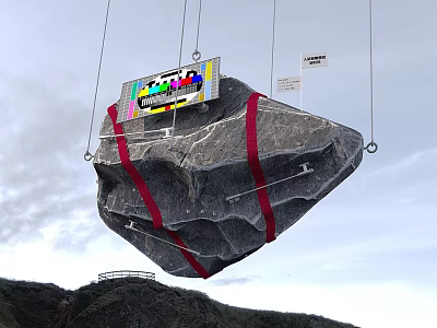 Large Stone and Wood Structure Suspended with Red Straps and Sign in Mountain Background View 3d model