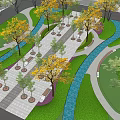 Scenic Square Landscape With Curved Paths Colorful Trees Green Lawns And Water Stream