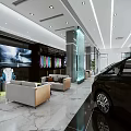 Modern Car Dealership Showroom With Luxury Black Car Reception Seating Area And Marble Floor