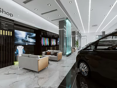 Modern Car Dealership Showroom With Luxury Black Car Reception Seating Area And Marble Floor 3d model