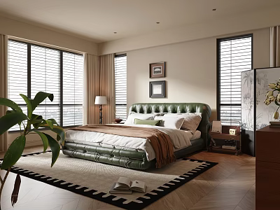 Modern Bedroom Interior With Green Leather Headboard Shutter Windows Area Rug And Potted Plant 3d model