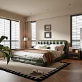 Modern Bedroom Interior With Green Leather Headboard Shutter Windows Area Rug And Potted Plant