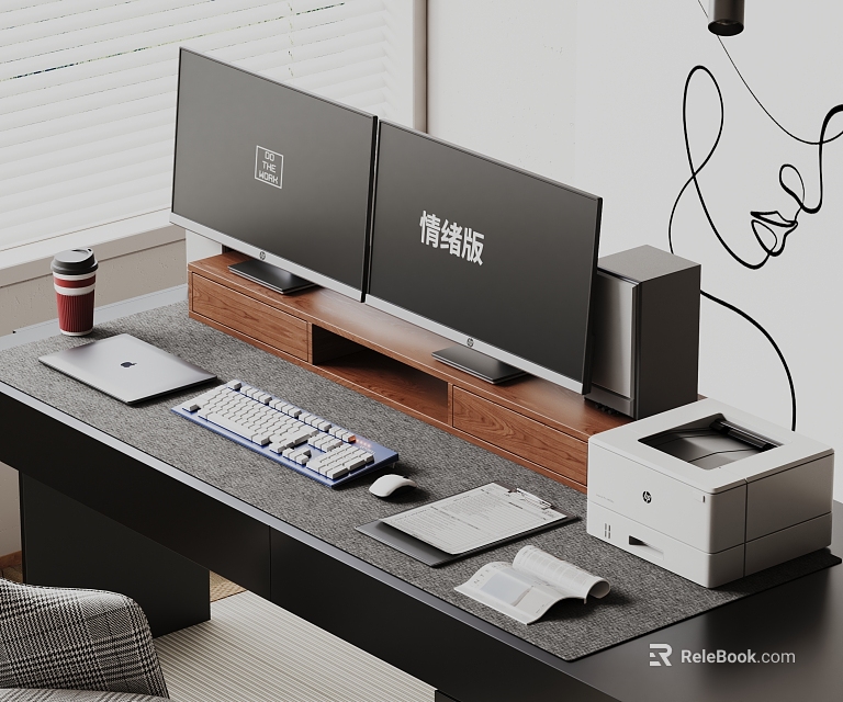 Organized Computer Workstation With Dual Monitors Laptop Keyboard Mouse And Printer On Office Desk 3d model 
