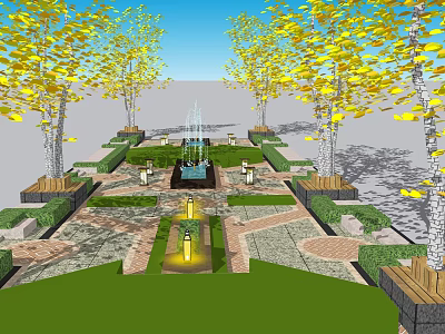 Beautiful Garden Landscape With Central Fountain Yellow Trees And Stone Paths 3d model