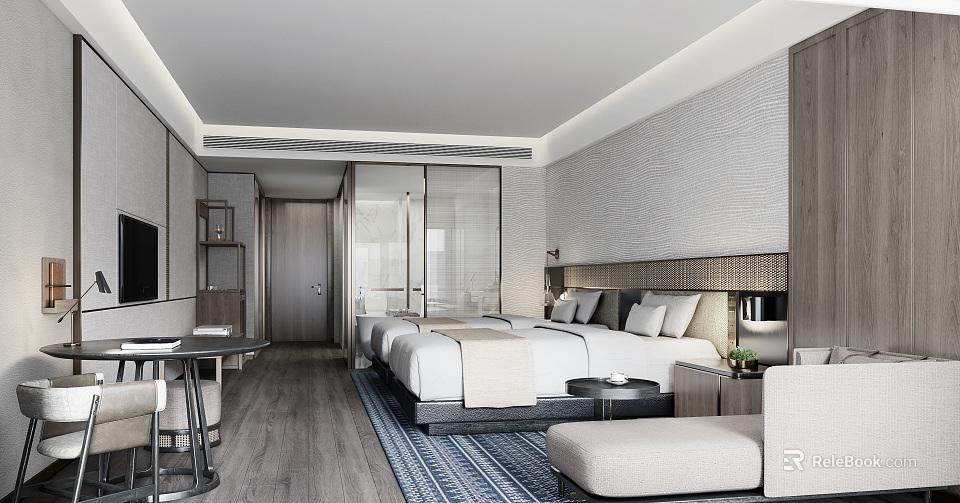 Modern Hotel Room Interior With Twin Beds Textured Walls And Accent Seat 3d model 