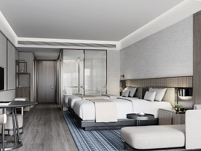 Modern Hotel Room Interior With Twin Beds Textured Walls And Accent Seat 3d model