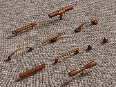 Assorted Wooden And Metal Cabinet Handles With Different Shapes For Furniture 3d model