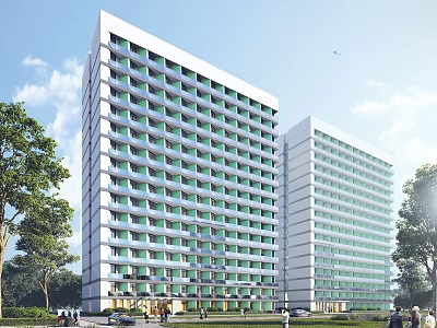 Modern High Rise Residential Buildings With Green Windows Trees And People Around 3d model