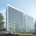 Modern High Rise Residential Buildings With Green Windows Trees And People Around