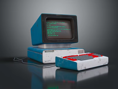 Vintage Computer With Blue Monitor Green Code Display And Red Key Keyboard 3d model