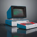 Vintage Computer With Blue Monitor Green Code Display And Red Key Keyboard