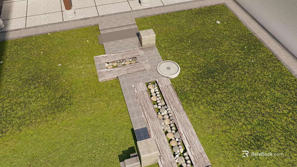 Outdoor Garden Space With Grass Area Stone Pathway Water Feature And Solar Panel 3d model 