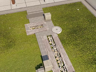 Outdoor Garden Space With Grass Area Stone Pathway Water Feature And Solar Panel 3d model