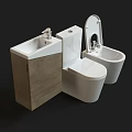 Modern Toilet with Wooden Cabinet Sink and Bidet in Bathroom Setup