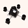 Flying Quadcopter Drone With Four Propellers And White Frame Against Blue Sky