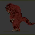 Game Movie Character Red Furry Monster With Horns And Tusks Standing On Green Grass