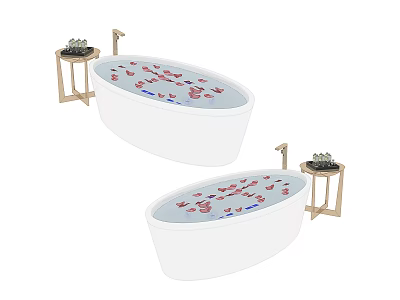 Luxurious White Oval Bathtub Design With Flower Petals And Wooden Side Tables 3d model