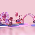 Pink Themed Decorative Scene With Zfun Sign Flower Arch And Blue Balls