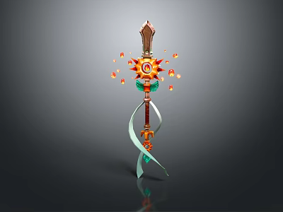 Ornate Staff Weapon With Sunburst Top Flames Green Gemstones And Ribbons 3d model