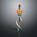 Ornate Staff Weapon With Sunburst Top Flames Green Gemstones And Ribbons